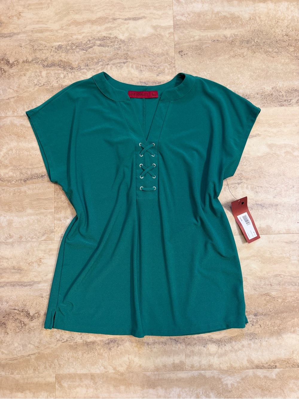 Lace-Up V-Neck Short Sleeve Blouse in Teal